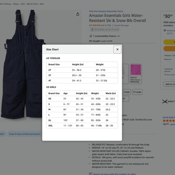 βοΈ NEW Girlsβ Ski & Snow Bib Overalls β Amazon Essentials β NWT β Youth Sizes! β - Picture 6 of 6